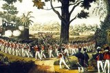 The First Anglo-Burmese War ( 5 March 1824 – 24 February 1826) was the first of three wars fought between the British and Burmese Empire in the 19th century. The war, which began primarily over the control of northeastern India, ended in a decisive British victory, giving the British total control of Assam, Manipur, Cachar and Jaintia as well as Arakan Province and Tenasserim. The Burmese were also forced to pay an indemnity of one million pounds sterling, and sign a commercial treaty.<br/><br/>

The war was the longest and most expensive war in British Indian history. Fifteen thousand European and Indian soldiers died, together with an unknown number of Burmese army and civilian casualties. The high cost of the campaign to the British, five million pounds sterling to 13 million pounds sterling (roughly 18.5 billion to 48 billion in 2006 US dollars), led to a severe economic crisis in British India in 1833.<br/><br/>

For the Burmese, it was the beginning of the end of their independence. The Third Burmese Empire, for a brief moment the terror of British India, was crippled and no longer a threat to the eastern frontier of the British Raj. The Burmese would be crushed for years to come by repaying the large indemnity of one million pounds (then US$5 million), a large sum even in Europe of that time. The British would make two more wars against a much weakened Burma, and swallow up the entire country by 1885.